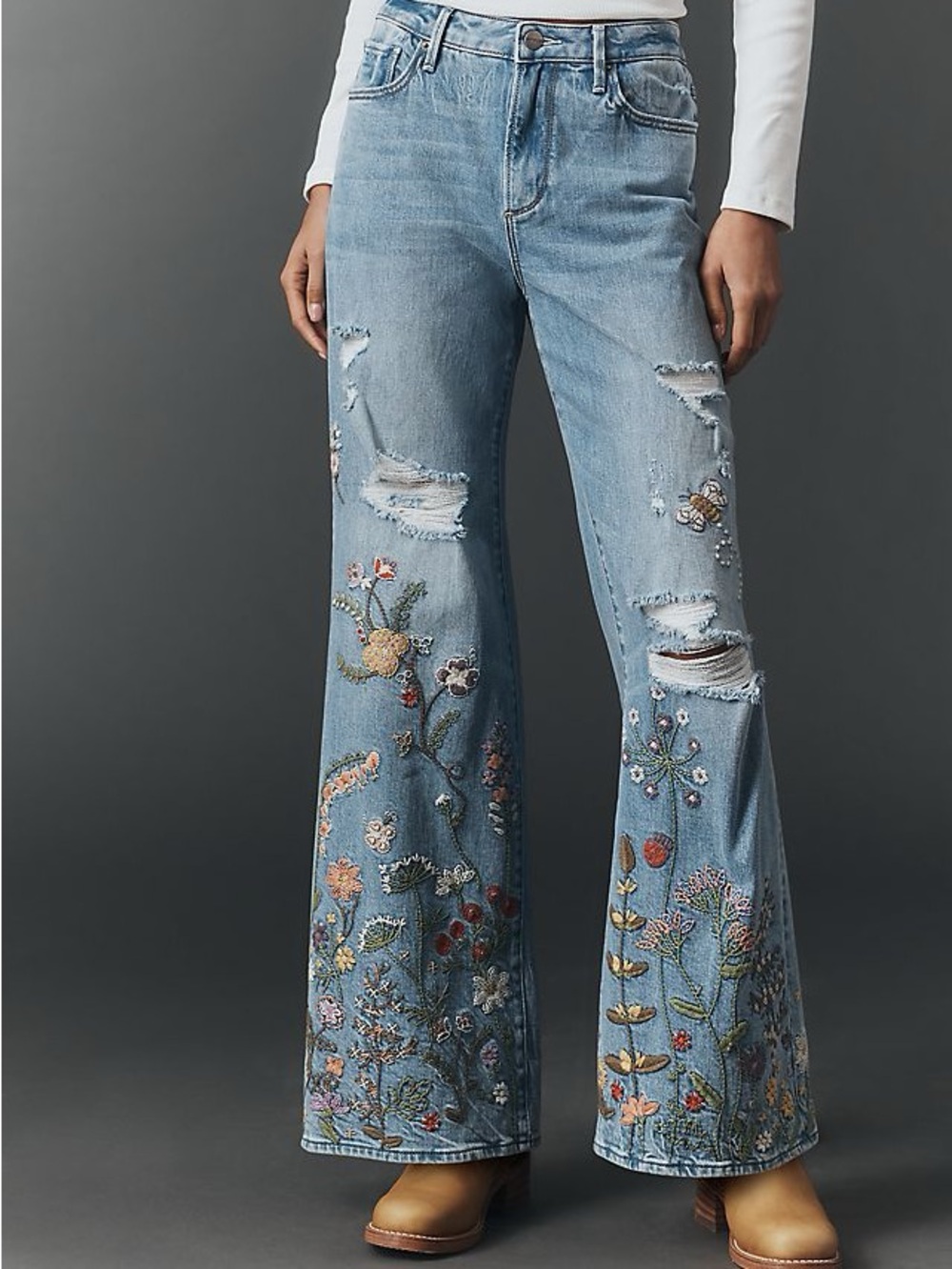 Driftwood Marlena Embroidered Mid-Rise Wide-Leg Jeans 28 - Picture 2 of 10
